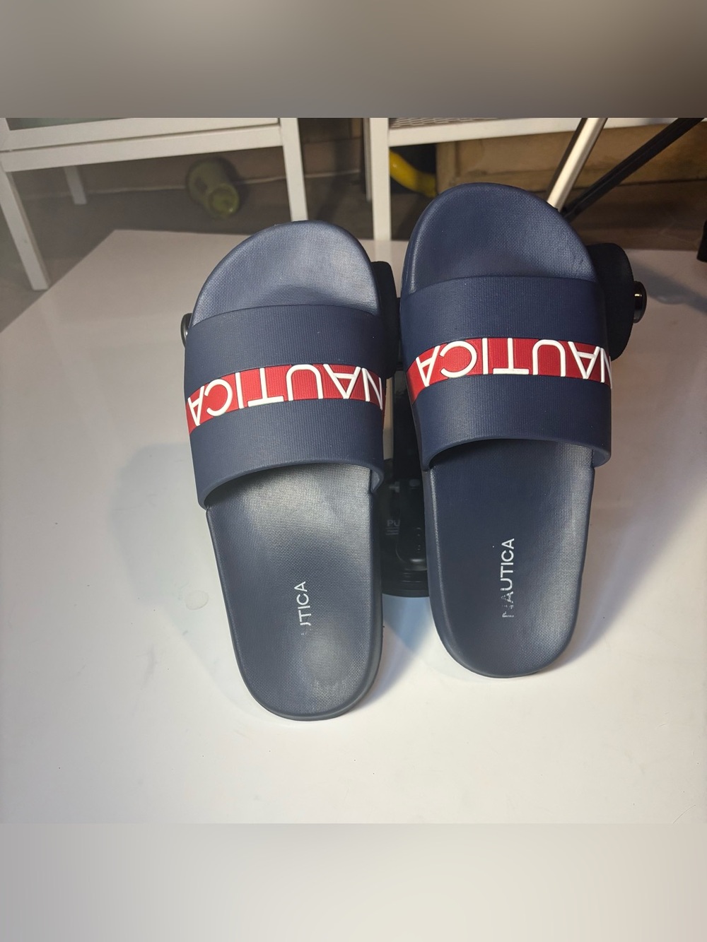 Nautica Women’s Navy Slides with Red Logo Band